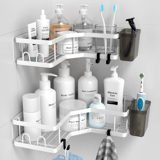 AKTECKE Shower Caddy Corner Organizer Shelf: 2Pack Adhesive Shower Essentials Accessories - No-Drilling Stainless Steel Bathroom Storage Rack with Hooks and Toothpaste Holder