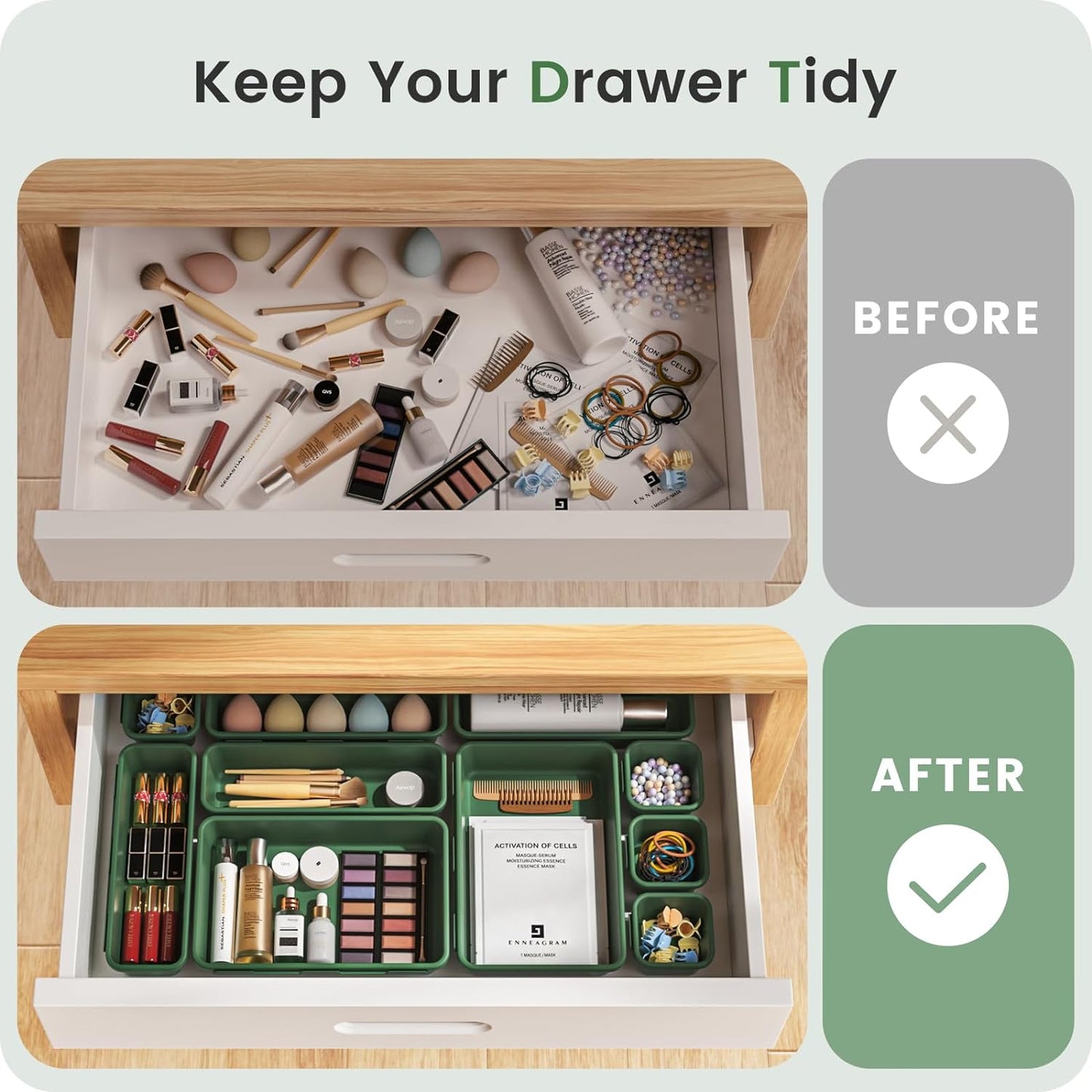 A-LuGei 【𝟰𝟲𝗣𝗖𝗦 & 5 Size Tool Box Organizer Tray Divider Set,【Army Green】 Desk Drawer Organizer,Garage Organization and Storage Toolbox Accessories Rolling Tool Chest Cart WorkBench Small Part