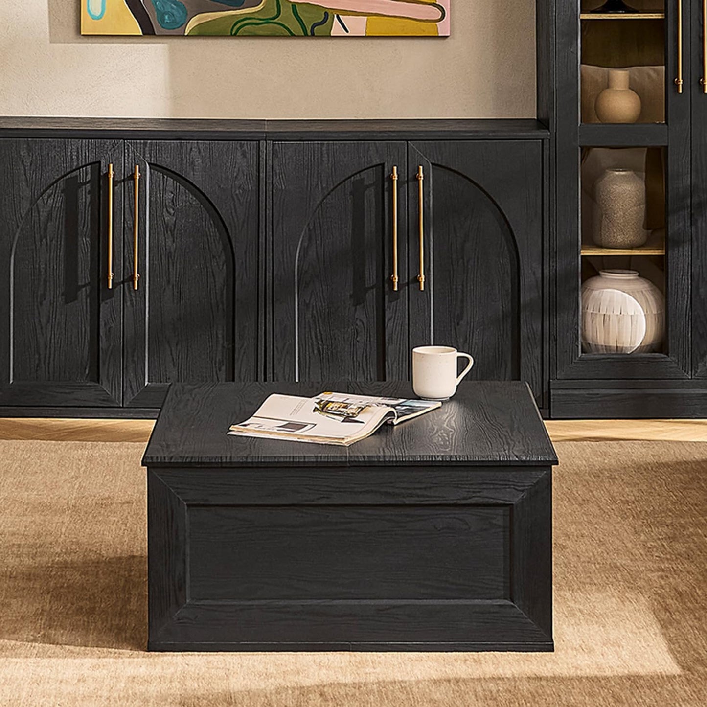 mopio Blake Lift Top Coffee Table with Storage, Modern Farmhouse Square Wood Center Coffee Table with Easy Lifting Top, Chamfered Edge & Soft Closing (Black Oak)