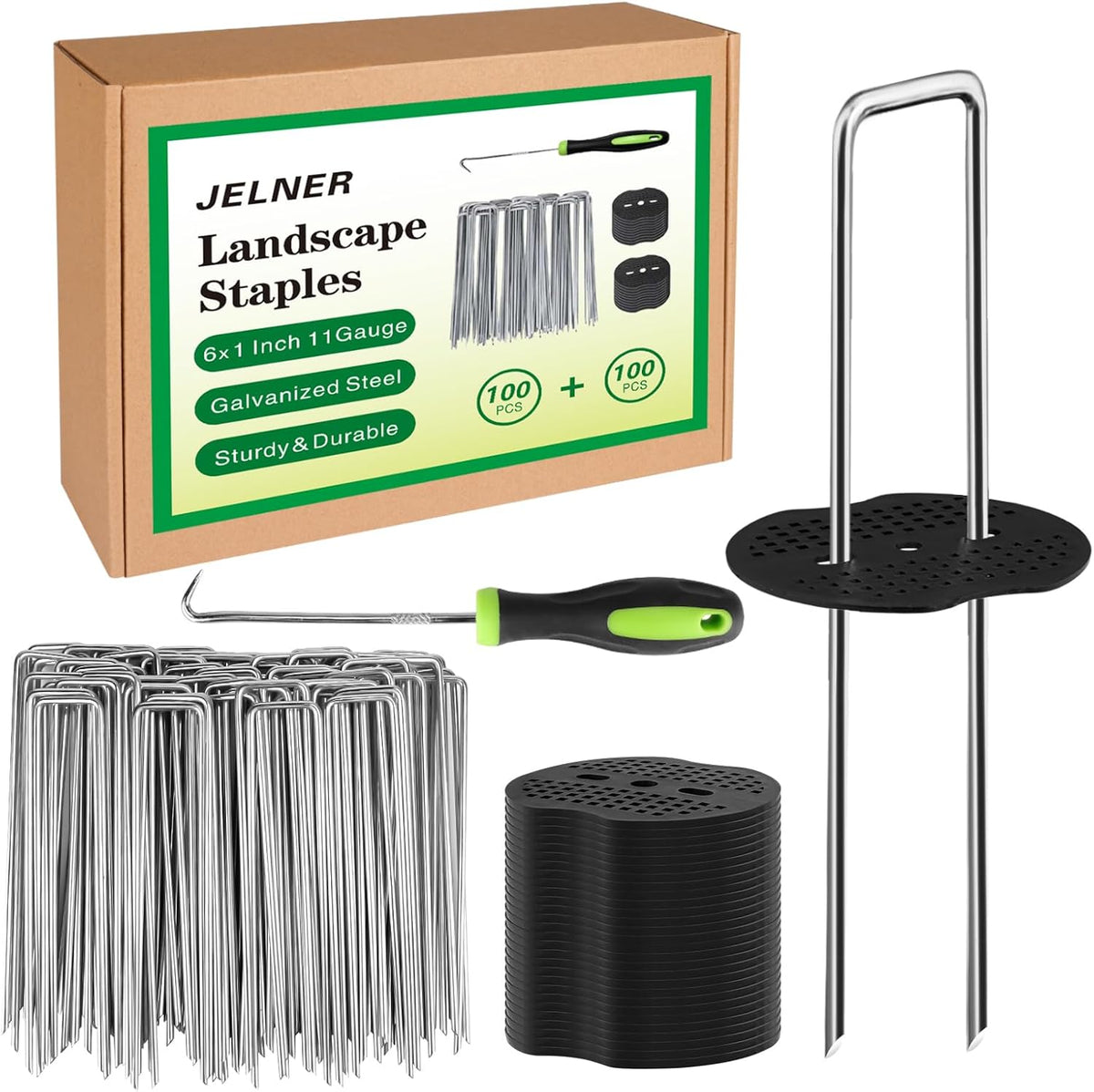 JELNER Garden Stakes,6 Inch 11 Gauge 100pcs Galvanized Landscape Staples + 100pcs Gaskets + 1Pick Hook, Tent Stakes Landscaping Fabric SOD Pins for Weed Fabric Barrier,Groud Cover,Fence