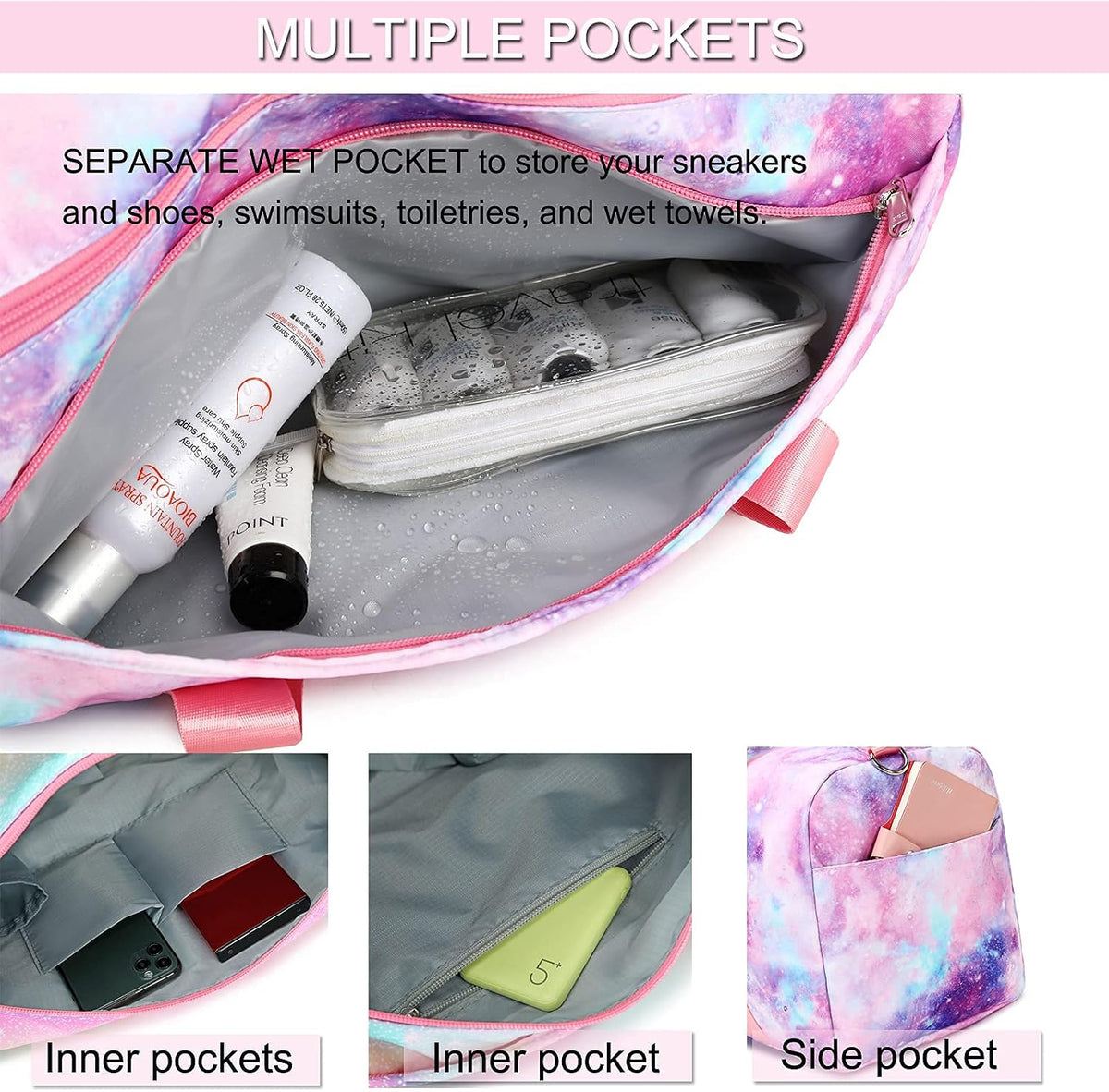 Gym Duffle Bag for Girls, Gymnastics Sports Bag for Teens Women Small Overnight Weekender Carry On Travel Bag with Shoe Compartment and Wet Pocket Galaxy