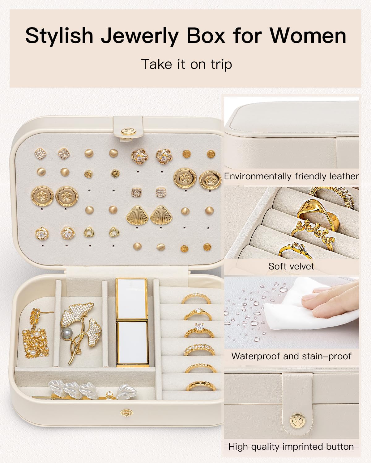 VLANDO Travel Jewelry Case for Women Girls, Gifts for Mother, PU Leather Small Jewelry Box for Rings, Necklaces, Bracelets, Earring Holder Organizer Storage for Travel Essentials - Beige