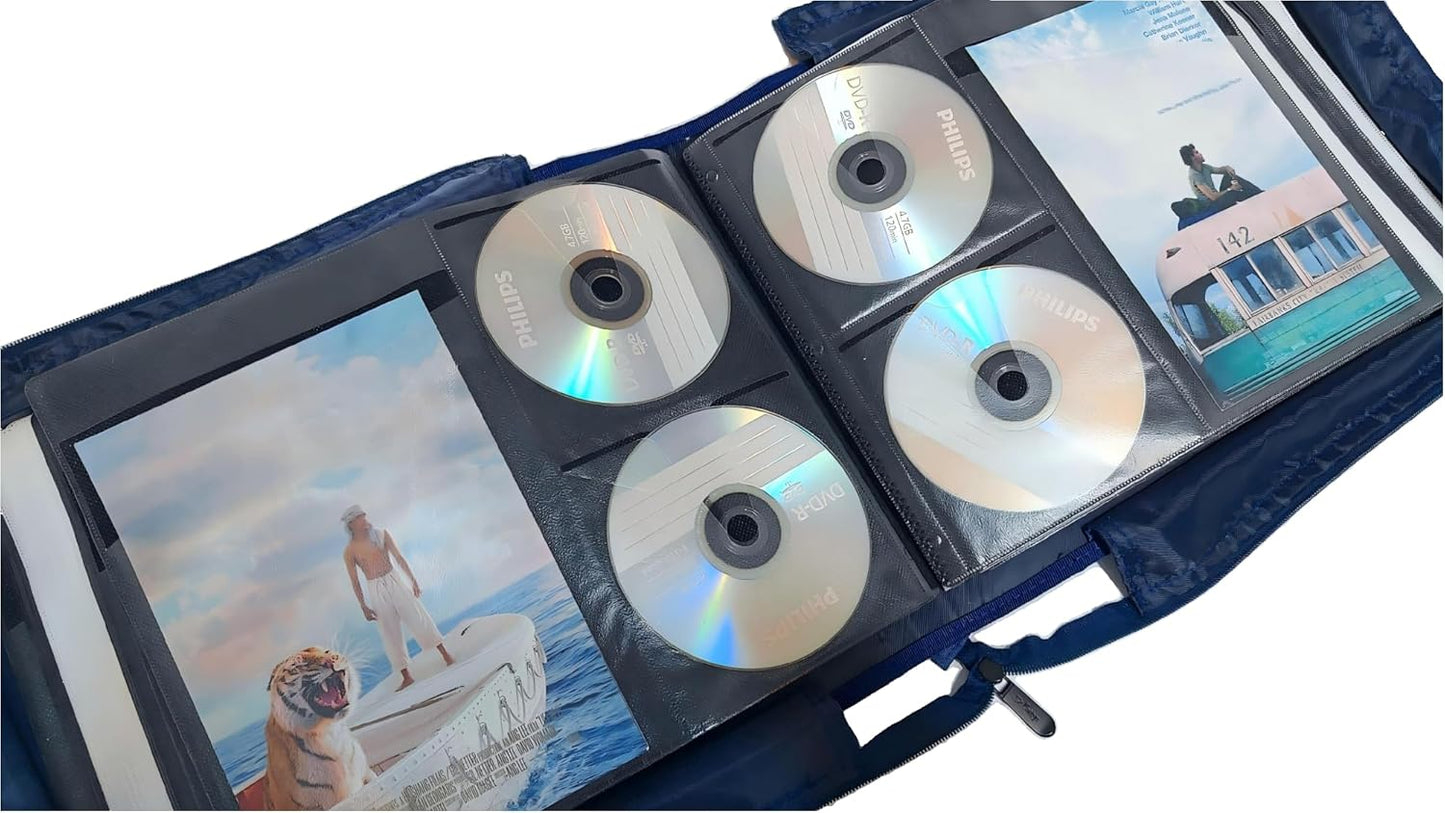 DVD CD Storage Case with Extra Wide Title Cover Pages for Blu Ray Movie Music Audio Disk (Portable Carrying Binder Holder Wallet Album Home Organizer Shelf)- Blue, 192 Disk Units, 96 Booklet Pockets