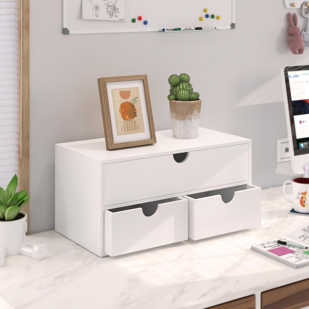 Bamboo Desk Organizer with Drawers Desktop Storage Drawers for Bills Office Supplies Kitchen Utensils Organizing Tool for Home Classroom Organization No Assembly (White)