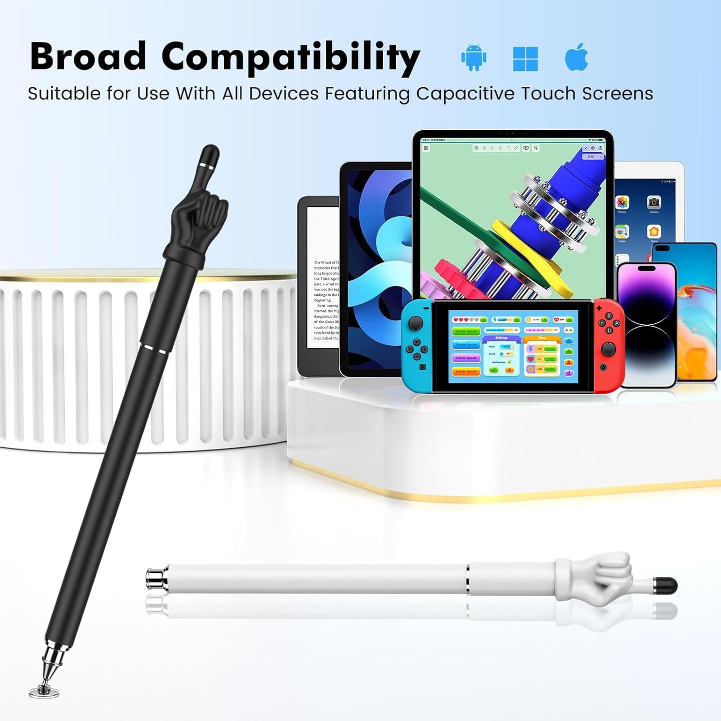 Stylus Pen for Touchscreen, MEKO 2-in-1 High Sensitivity Fingertip Stylus Pens for iPhone iPad Android Tablets Smartphone, Switch,All Universal Touch Screens (2 Pack Black/White)