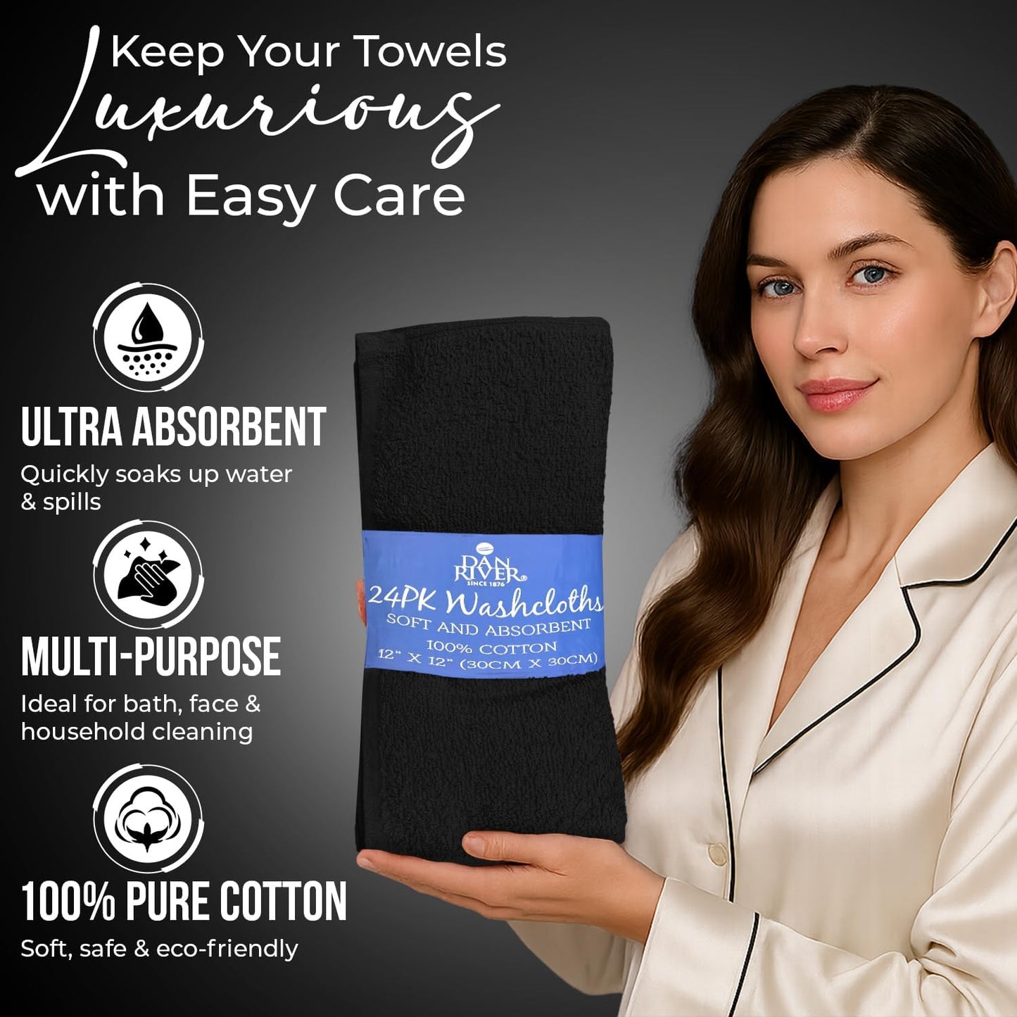 DAN RIVER 24 Pack Wash Cloths for Showering [12x12] - 100% Cotton Washcloths Premium Quality Flannel Face Cloths for Bathroom, Highly Absorbent and Soft Feel Wash Clothes, Black