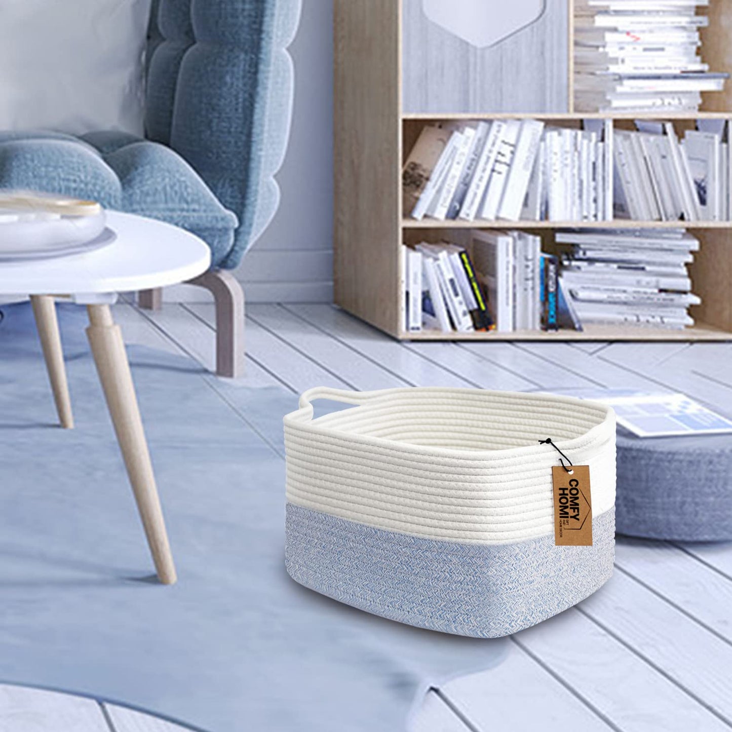 COMFY-HOMI Cotton Rope Woven Basket with Handles for Shelves,Toys,Book, Cloth Storage Baskets Bin for Organizing- 1 PCSToy Decorative Organizer for Living Room, Bathroom