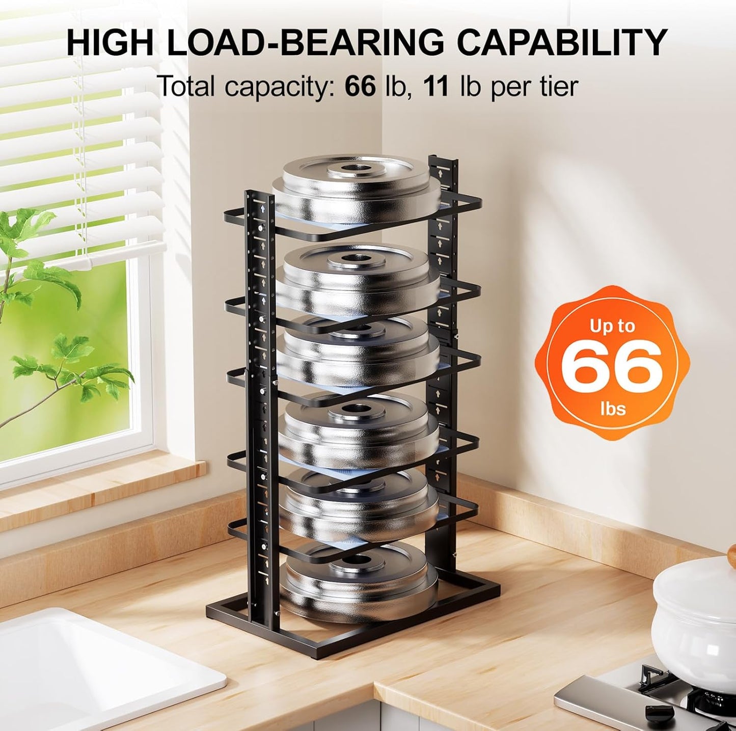 LAMU Pots and Pans Organizer for under Cabinet, 6-Tier Heavy Duty Pan Pot Organizers inside Cabinet Adjustable 14 to 24.57", Pot Rack Kitchen Cabinet Organization and Storage Holds up to 12" Cookware