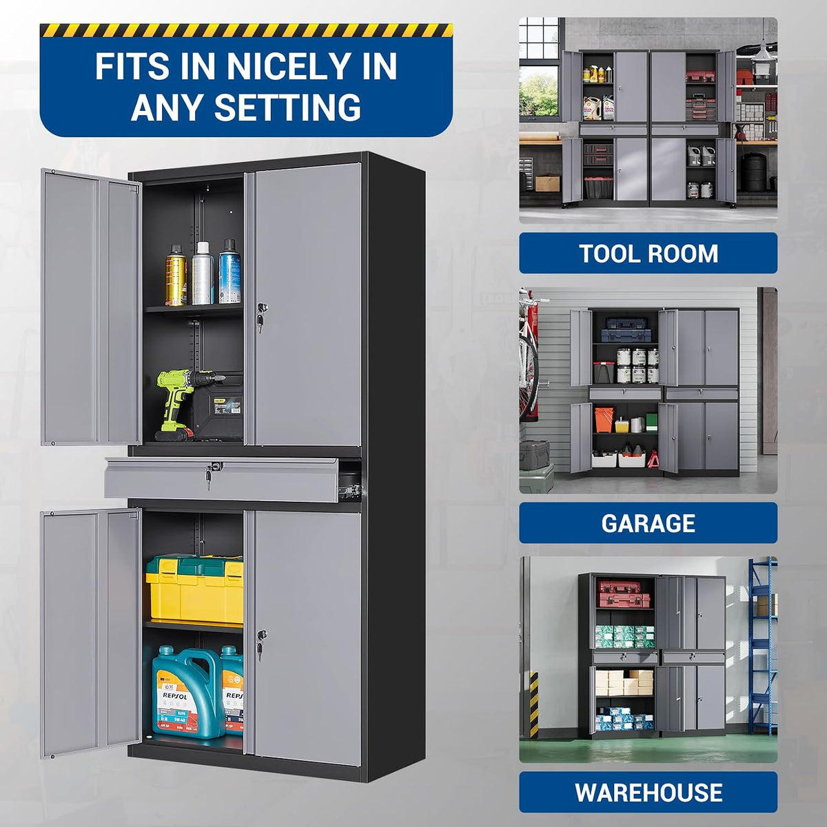 Fesbos 71" Metal Cabinet-Black&Gray Heavy Duty Storage File Cabinet Steel Tool Cabinets with Shelves, Lockable Doors and Drawers- for Garage, Pantry, Warehouse - Assembly Required