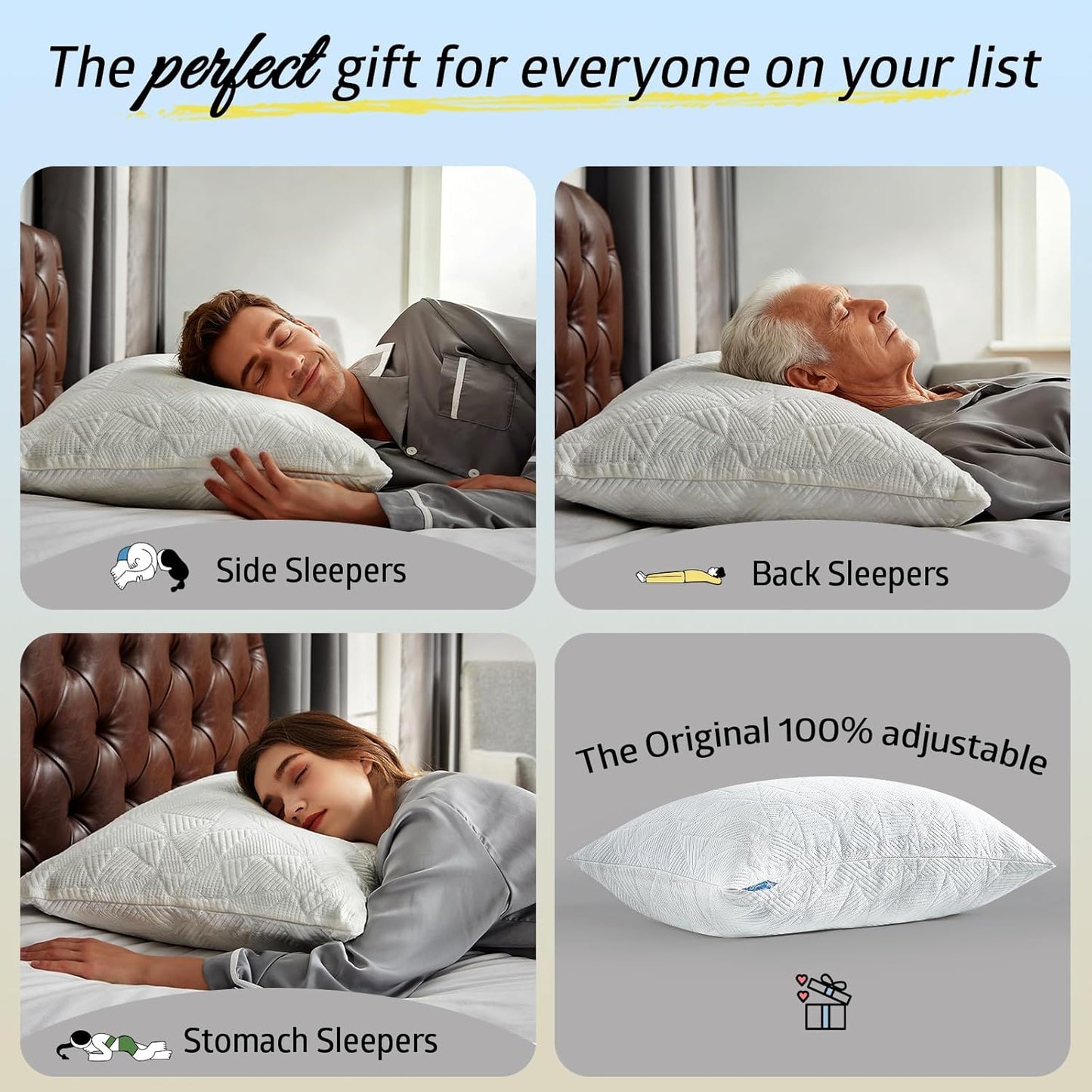 BETU Cooling Pillow Queen Size, Shredded Memory Foam Pillow for Hot Sleepers, Adjustable Firm Soft Support Pillows, Cool Bed Pillows for Side Back Stomach Sleeping Sleepers, gifts for boyfriend, White
