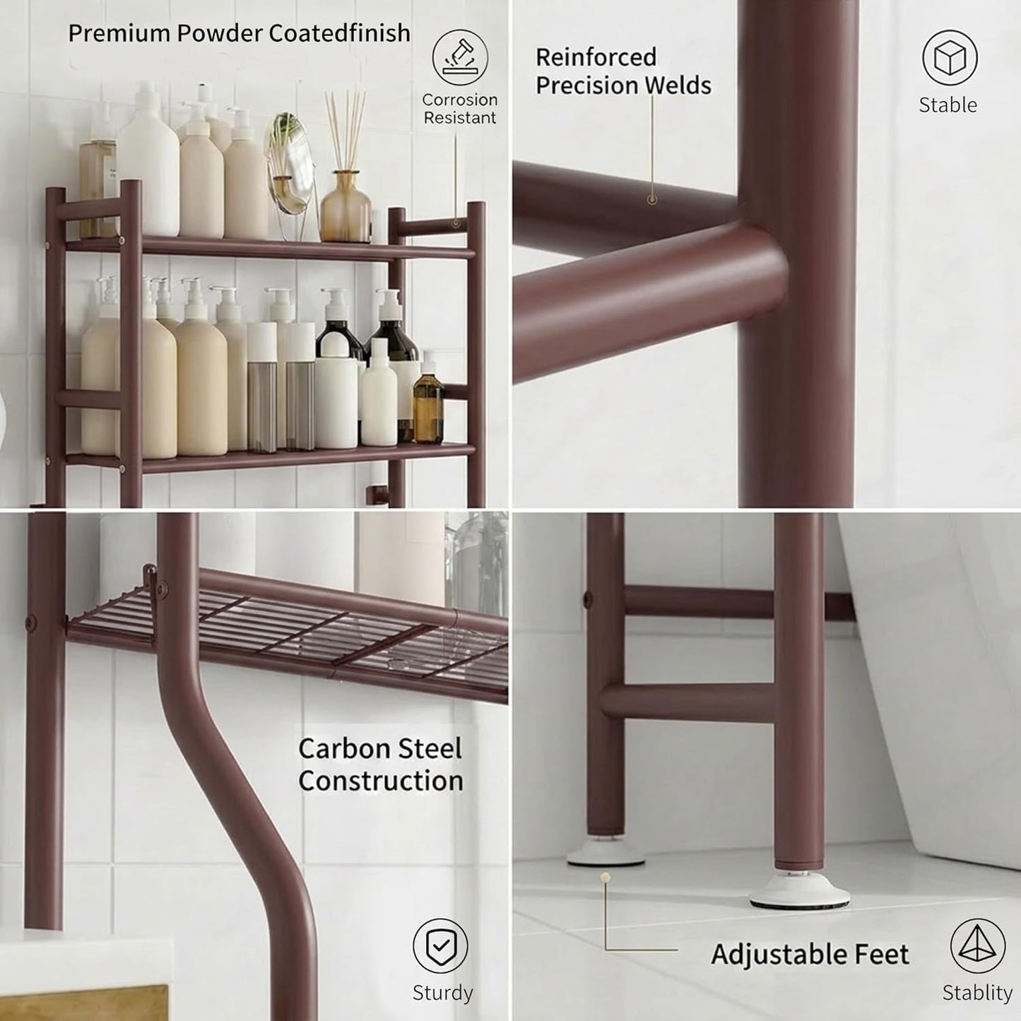 GloTika 3-Tier Over Toilet Storage with Anti-Tilt Safety System - 150lb Total Capacity Metal Bathroom Shelves Including Paper Holder & 4 Hooks, Space Saving Above Commode Organizer (64" H, Bronze)