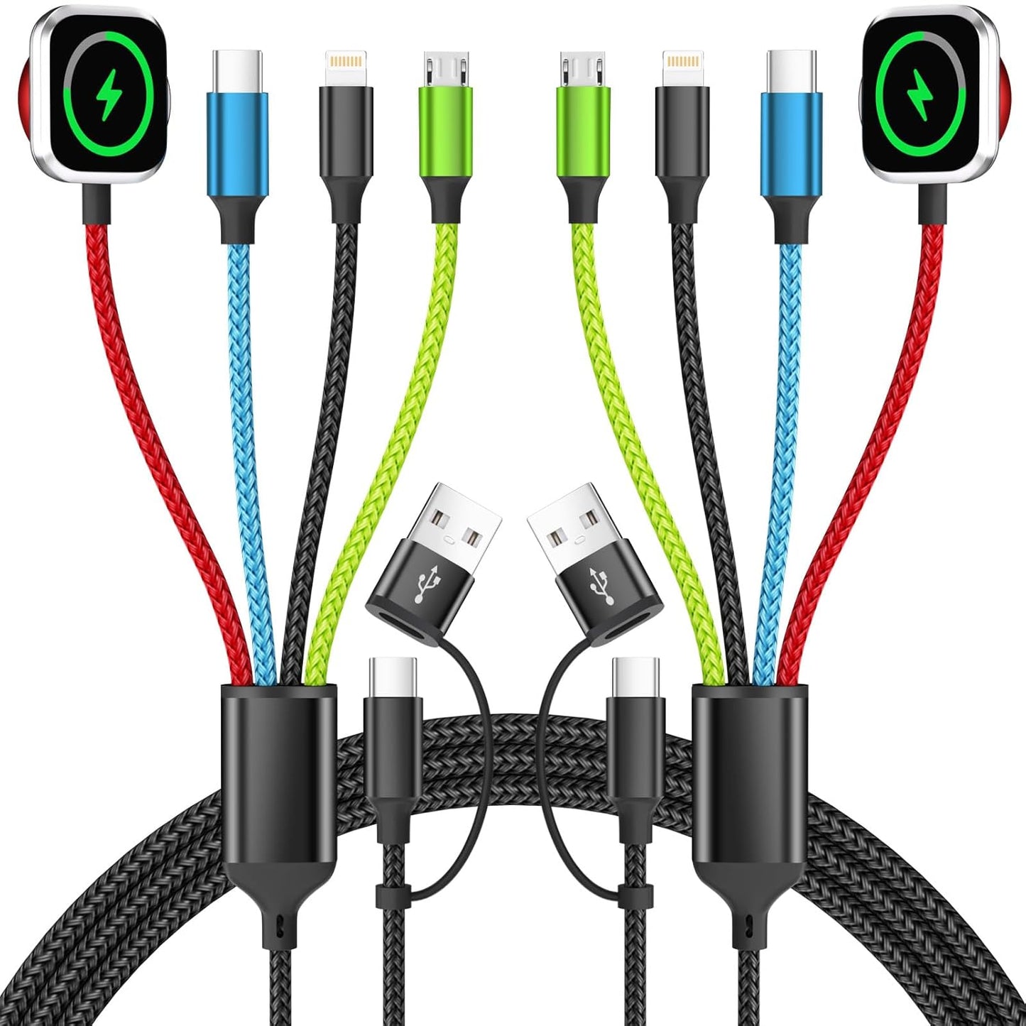 Travel Essentials 2026 4-in-2 Multi Charging Cable with iWatch Charger [2Pack 5FT], Nylon Charging Cords, USB C USB A Phone Charger for Multiple Devices, Cruise Essentials Car Accessories