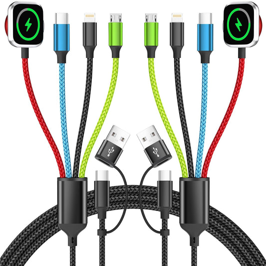Travel Essentials 2026 4-in-2 Multi Charging Cable with iWatch Charger [2Pack 5FT], Nylon Charging Cords, USB C USB A Phone Charger for Multiple Devices, Cruise Essentials Car Accessories