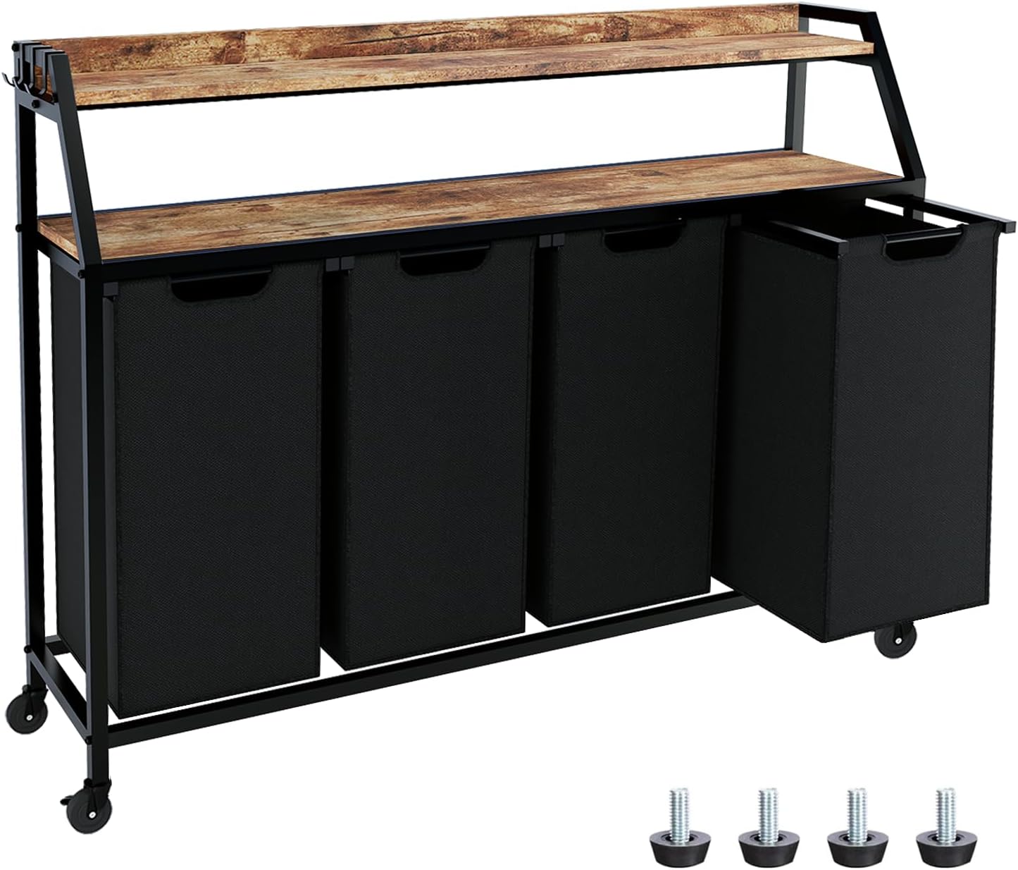 Timberer Laundry Hamper, Laundry Sorter with 4 Section, Rolling Basket with Wheels, 2 Shelves, 4 14.5 Gal, Pull-Out and Removable Oxford Fabric Bags for Laundry Room, Black and Rustic Brown