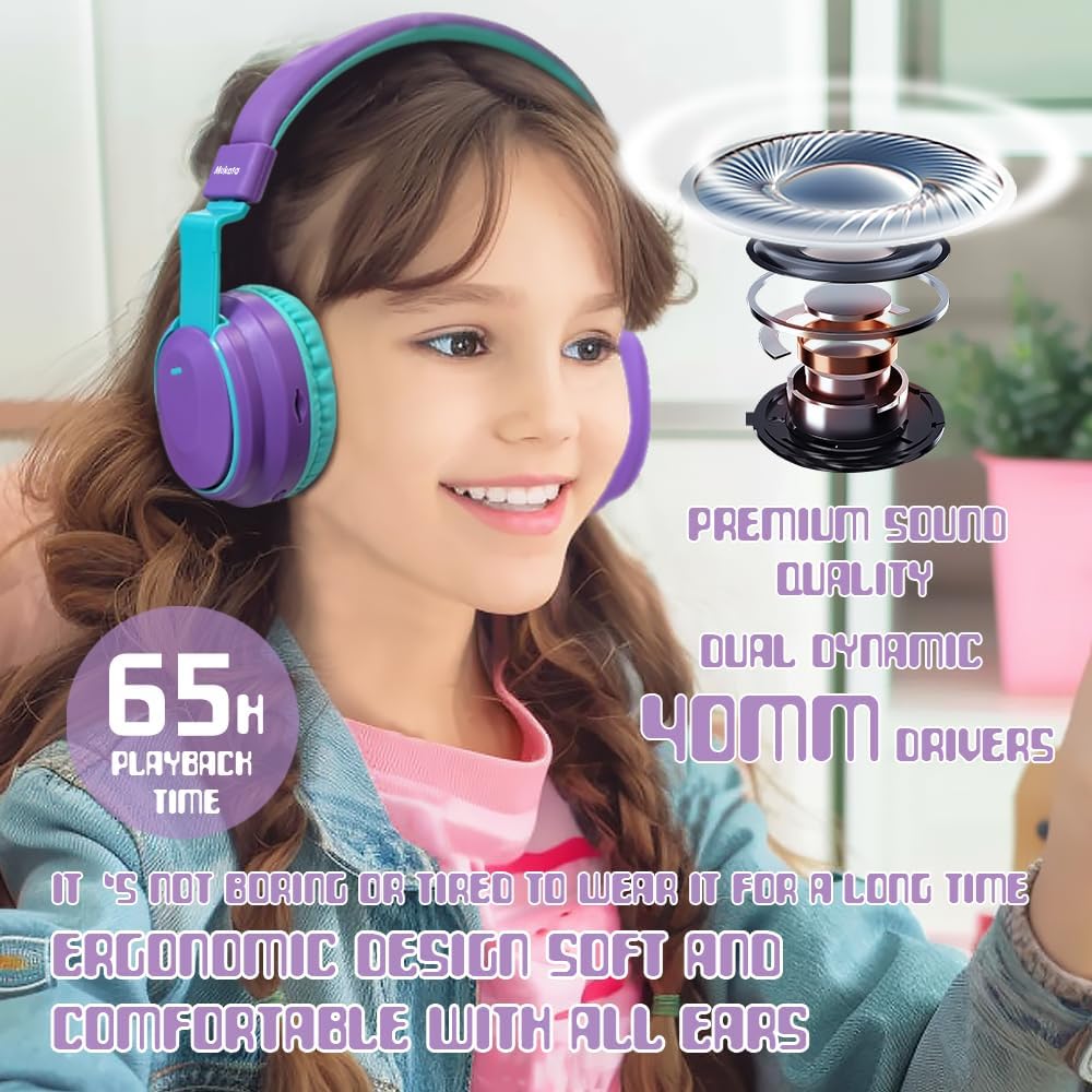 Mokata Kids Headphones Bluetooth 5.3 Wireless Lightweight Fast Charging 68 Hours Play Time Volume Limited 85/94dB Over Ear Foldable with Built-in Mic for Toddler Boy Girl Tablet Pad Purple