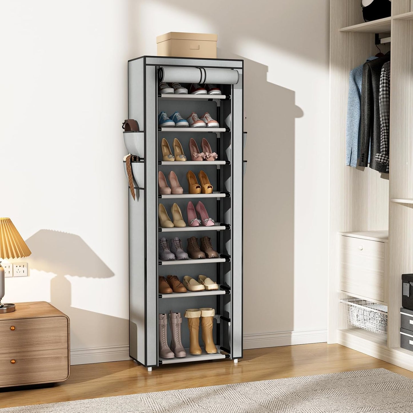 VILICK Shoe Rack with Cover Narrow Shoe Rack Organizer with 4 Side Pockets 10 Tier Tall Shoe Storage Shoe Shelf Holds 18-22 Pairs Shoes and Boots Shoe Rack for Closet, Grey
