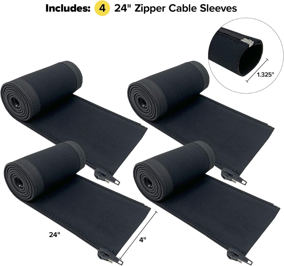 Zipper Cable Sleeve by Wrap-It Storage - 24" x 4" (4-Pack) Black