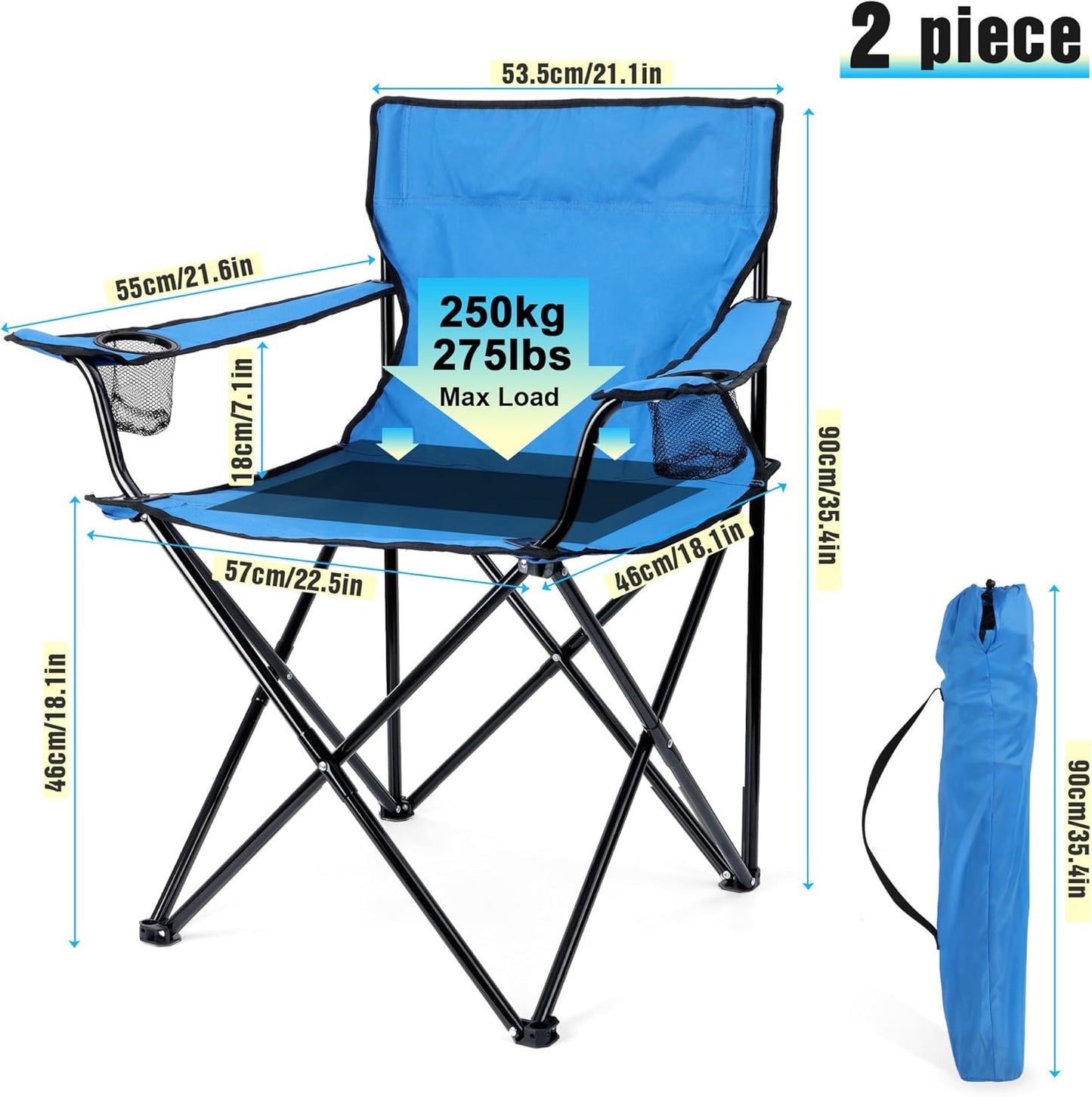 Foldable Camping Chair Set of 2, HaSteeL Folding Camp Chairs & Carrying Bags for Adults, Portable for Lawn, Outdoors, Fishing, Hiking, Travel, Picnic, Beach, Oversized & Supports 275lbs (Black & Blue)