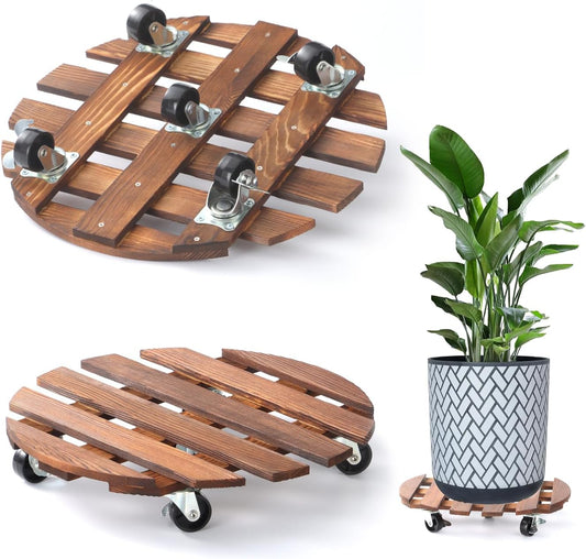 2 Pack 14" Plant Caddy with 5 Wheels, Rolling Plant Stand 220 LB Heavy Duty Wooden Round Plant Dolly with Metal 360° Lockable Caster Wheels for Outdoor Indoor Large Plant Pots, Flower Pot, Patio