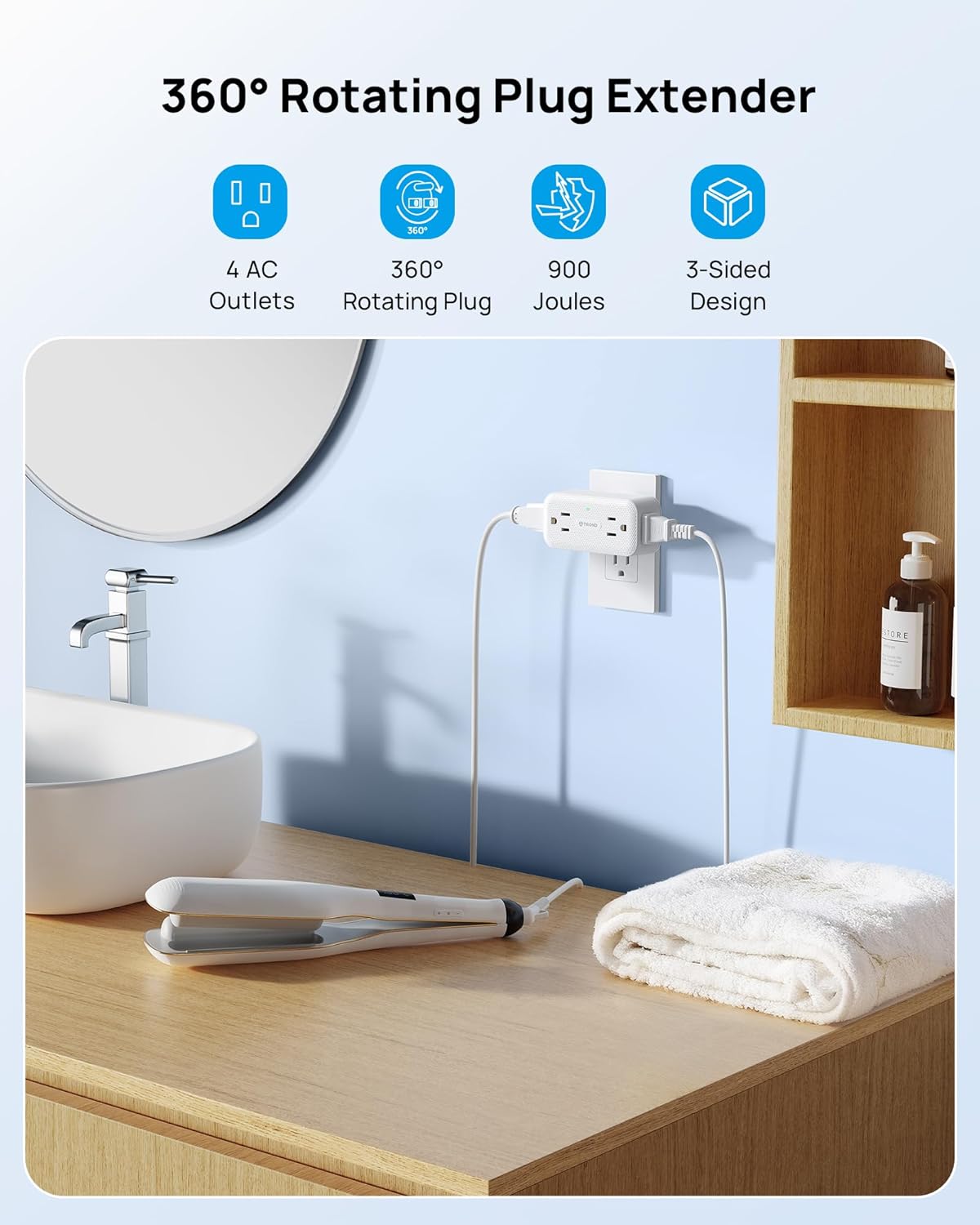 TROND Surge Protector Outlet Extender with 360 Rotating Plug, 4 AC Plug Adapter, 900 Joules Surge Protection, A Small Charging Station, 3-Sided Outlet Splitter for Home Office Travel Dorm, White