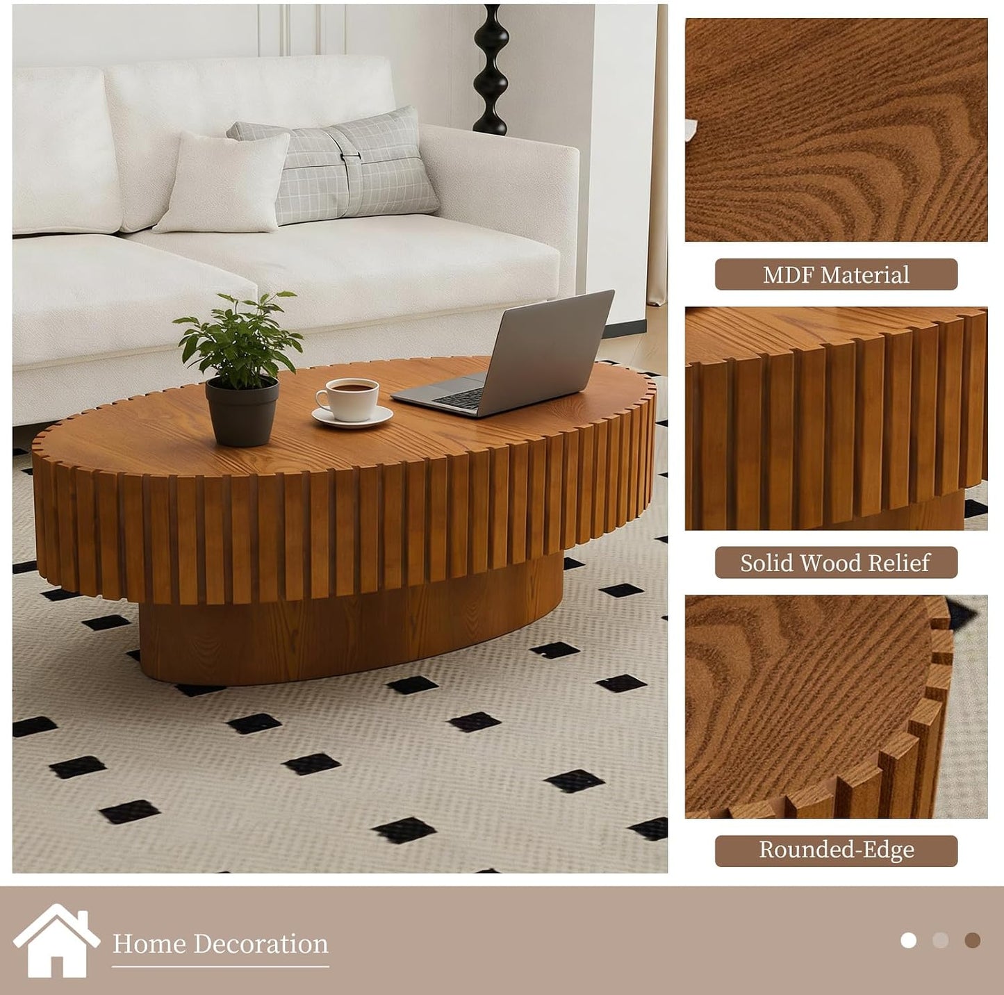 Oval Fluted Coffee Tables 43.3" (Oval Wood) | Modern Wood Accent Table, Contemporary Drum Center Table, Sturdy Pedestal, Mid Century Style, For Living Room Apartment