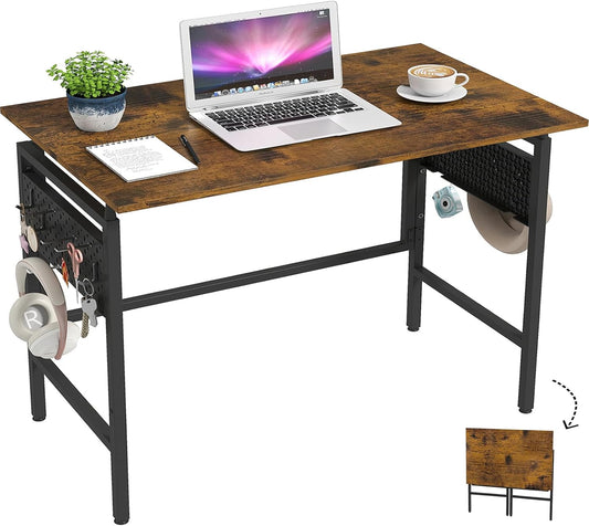 Hadulcet Folding Desk, Foldable Desk Table 40" for Space Saving, Foldable Computer Table for RV, Apartment, Office, Easy Assembly with Movable Pegboard Panels,Rustic Walnut