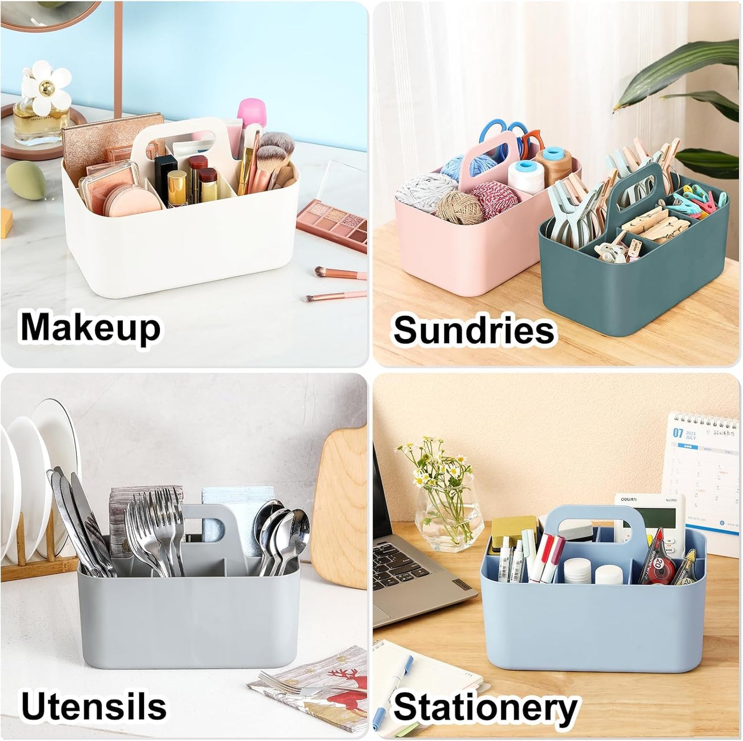 Multiuse Caddy Organizer with Handle, Portable Divided Plastic Tote Bin - Art Craft, Stationary Pen Marker Crayons, Makeup Hair Supplies Storage - Bathroom, Classroom, Dorm, Office, Desk Holder - Cyan