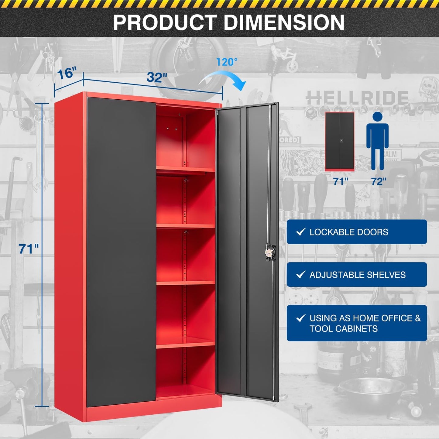 Fesbos Metal Storage Cabinet-71” Tall Steel File Cabinets with Lockable Doors and Adjustable Shelves-Black&Red Steel Storage Cabinet for Home,Kitchen, School, Office, Garage