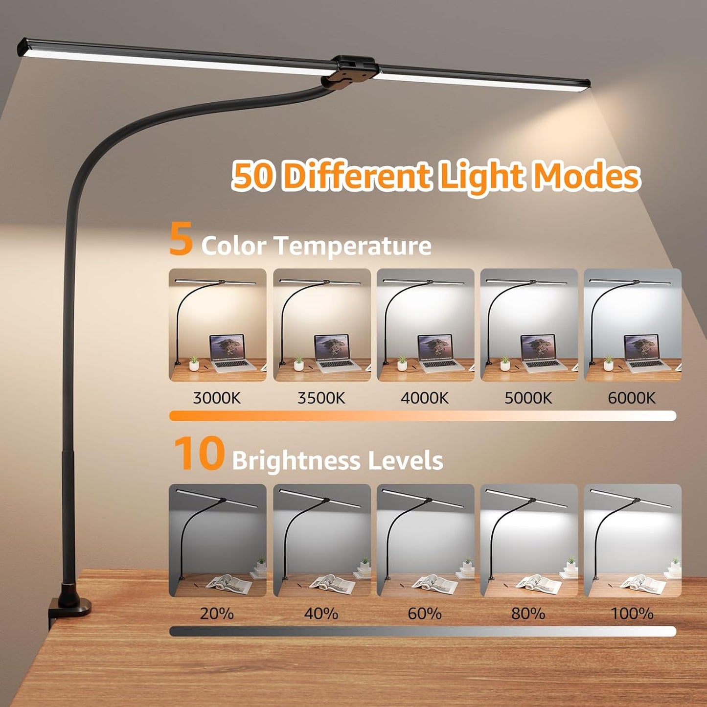 ShineTech LED Desk Lamp for Home Office, Ultra Bright Clamp Light with Flexible Gooseneck, 25 Lighting Modes, Eye-Caring Architect Lamp for Dual Monitors, Reading & Gaming Setup