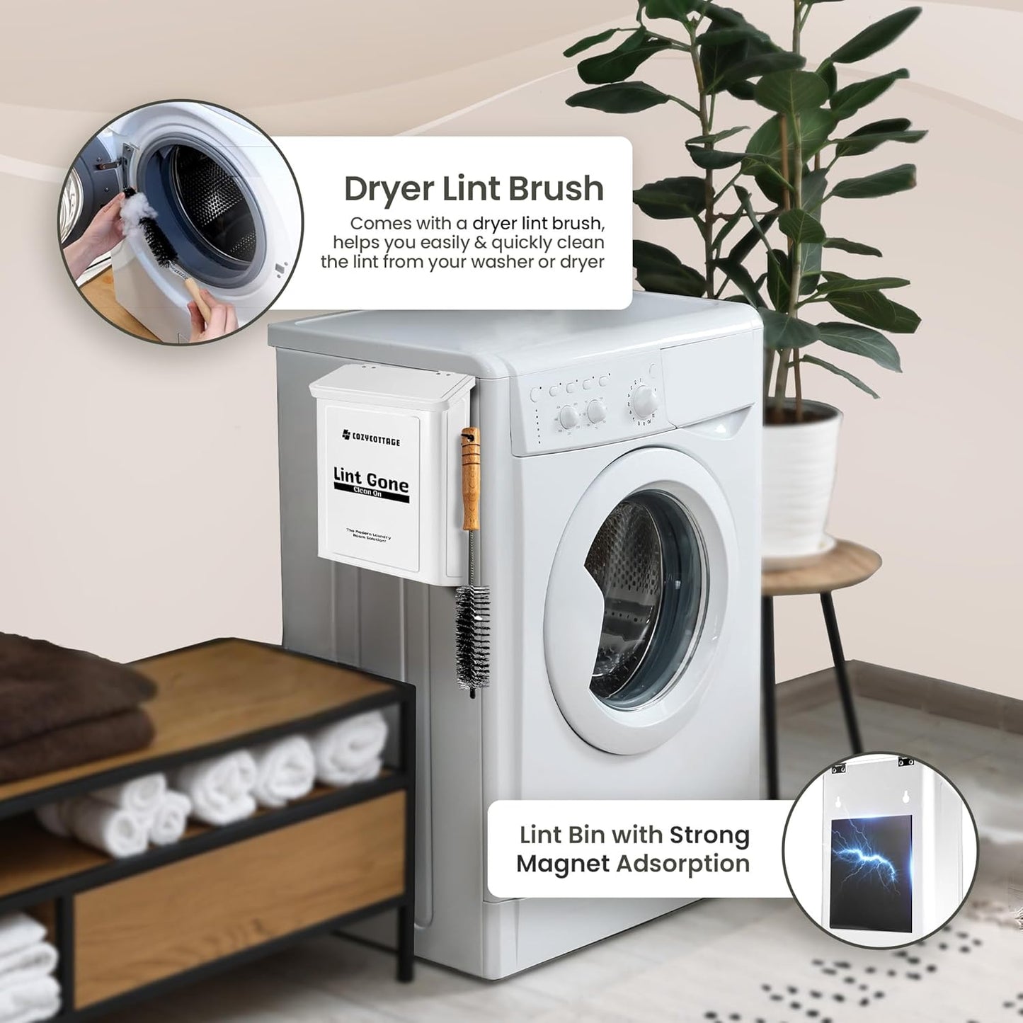 COZYCOTTAGE Magnetic Lint Bin for Laundry Room with Dryer Lint Brush - Slim Wall Mounted Trash Can with Lid - Modern Farmhouse Storage Organizer & Debris Collector - Space-Saving White Metal Holder