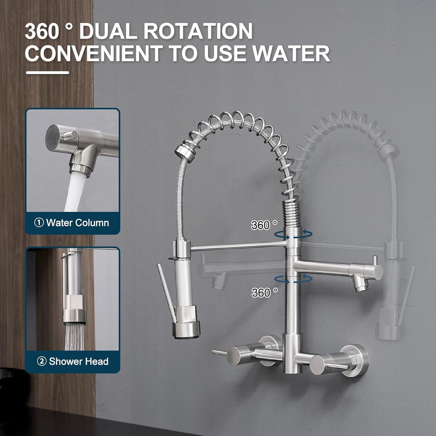 AIMADI Wall Mount Kitchen Faucet,Commercial Sink Faucet with Sprayer, Dual Handles Utility Sink Faucet for Kitchen Laundry Restaurant,Stainless Steel