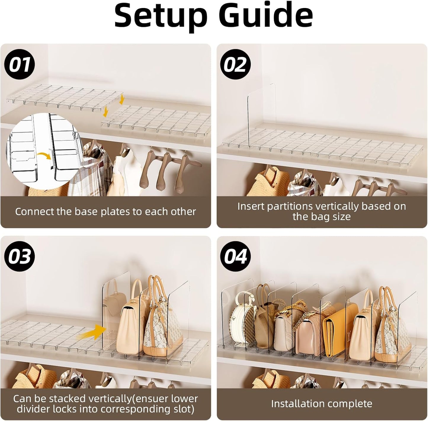Stackable Bag & Purse Organizer for Closet Acrylic Shelf Dividers for Closet Organization, Clear Handbag Purse Storage Organizer Divider, Keep Clutch, Wallet, Pocketbook Upright, 6 Pack