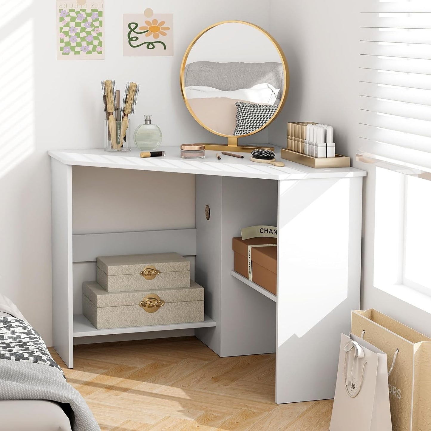Tangkula White Corner Desk - 90 Degrees Triangle for Computer, Small Space, Bedroom, Makeup Vanity Desk with Storage Shelves & CPU Stand, Space Saving Writing Desk