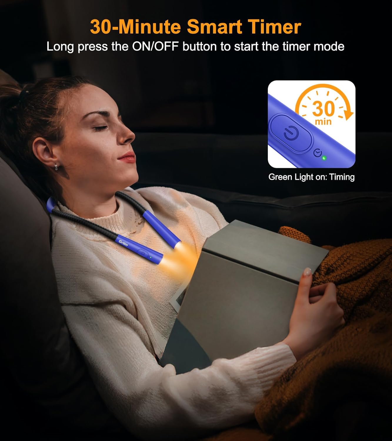 Gritin Book Light, Eye Caring 4-Color & 5-Brightness Neck Light Reading Light- Stepless Dimming,30-min Timer,80+ Hrs Runtime,Bendable Round Neck Design, Lightweight for Reading-Dark Blue