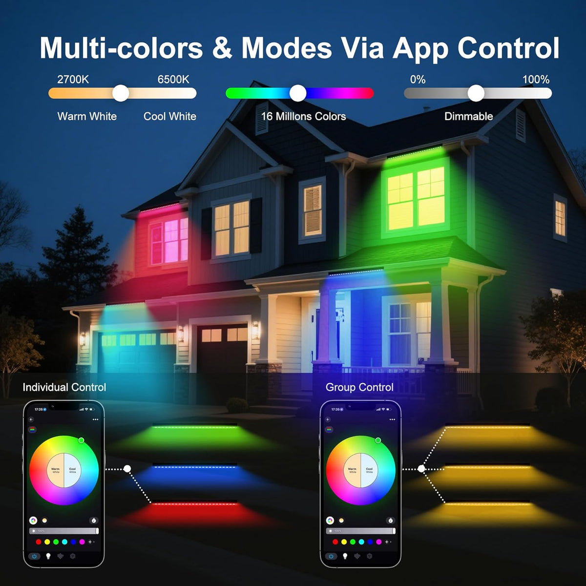 Linkable LED Light Bar Outdoor Color-Changing, 40″ RGBCW Wall Washer Light, 180W Smart Bluetooth App & Remote Control, 2700K-6500K Tunable White, IP65, for Stage, DJ, Home Patio & Commercial