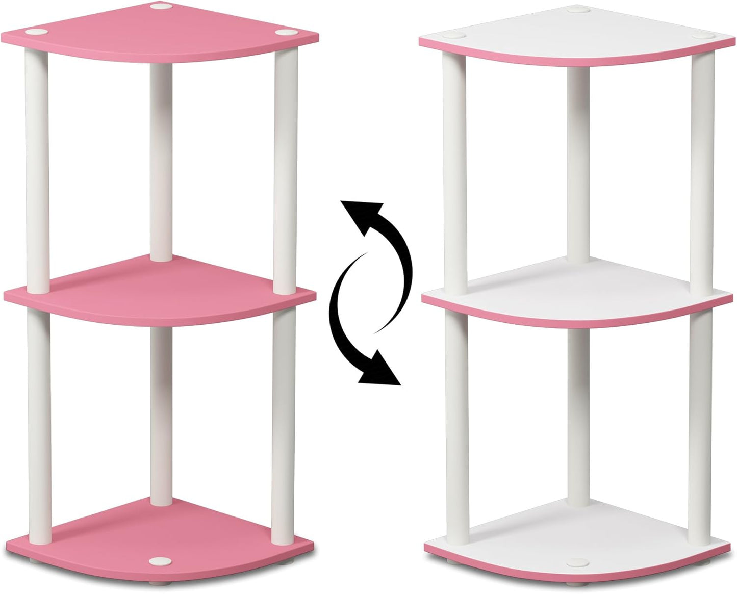 Furinno TURN-N-TUBE Corner Shelf, 3-Tier Corner Bookshelf, Display Storage Shelves with Open Shelves, for Organization and Storage, Living Room, Home Office, Garage, Pink