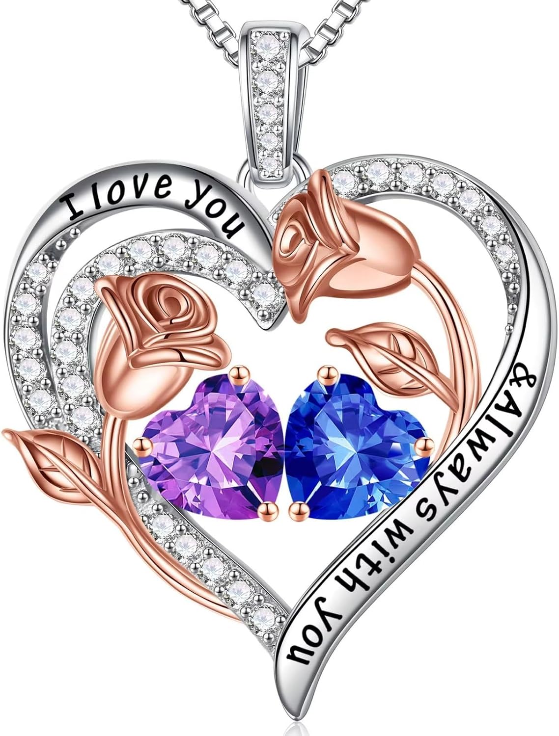 Iefil Birthstone Necklace for Women - Rose Heart Necklace