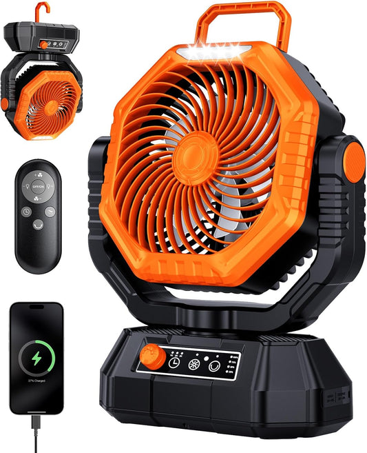 AJVV Camping Fan, Oscillating Battery Powered Portable Rechargeable Hanging Tent Fan with Light and Remote for Camp, Outdoor, Emergency Power Outage, Fishing, RV Travel, Orange
