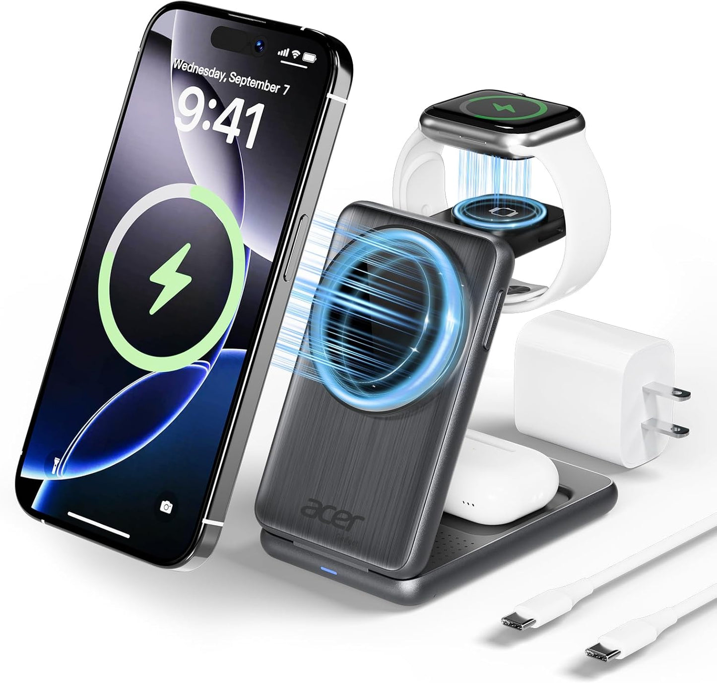 Acer 3 in 1 Charging Station for Apple Device, Magnetic Palm-Sized Foldable Fast Charger Stand Compatible with MagSafe for iPhone 17, Apple Watch & AirPods, Foldable Charging Dock for Desk S3