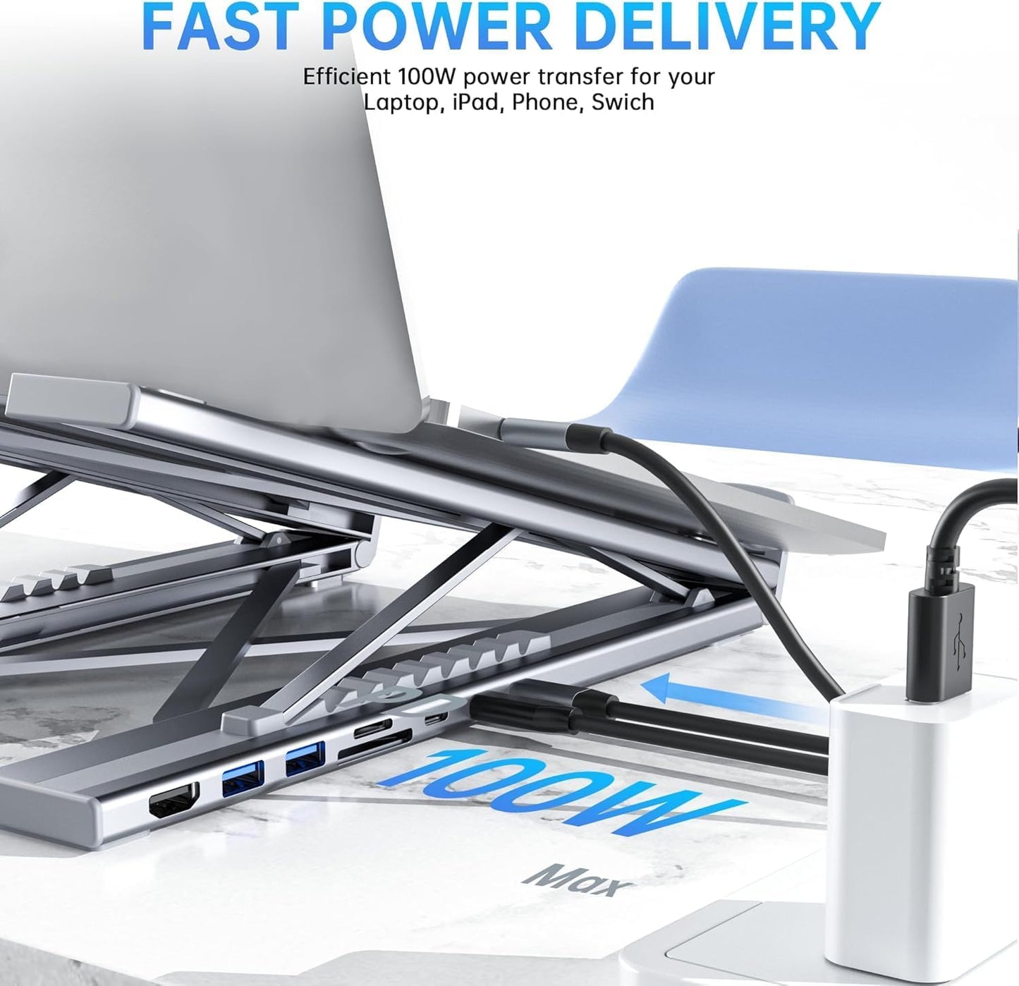 Laptop Stand with Docking Station, 8 in 1 USB C Hub HDMI Portable Laptop Stand for Desk with USB Ports, Multiport USBC Dock Stands Foldable Adjustable Computer Riser Holder Dongle for MacBook