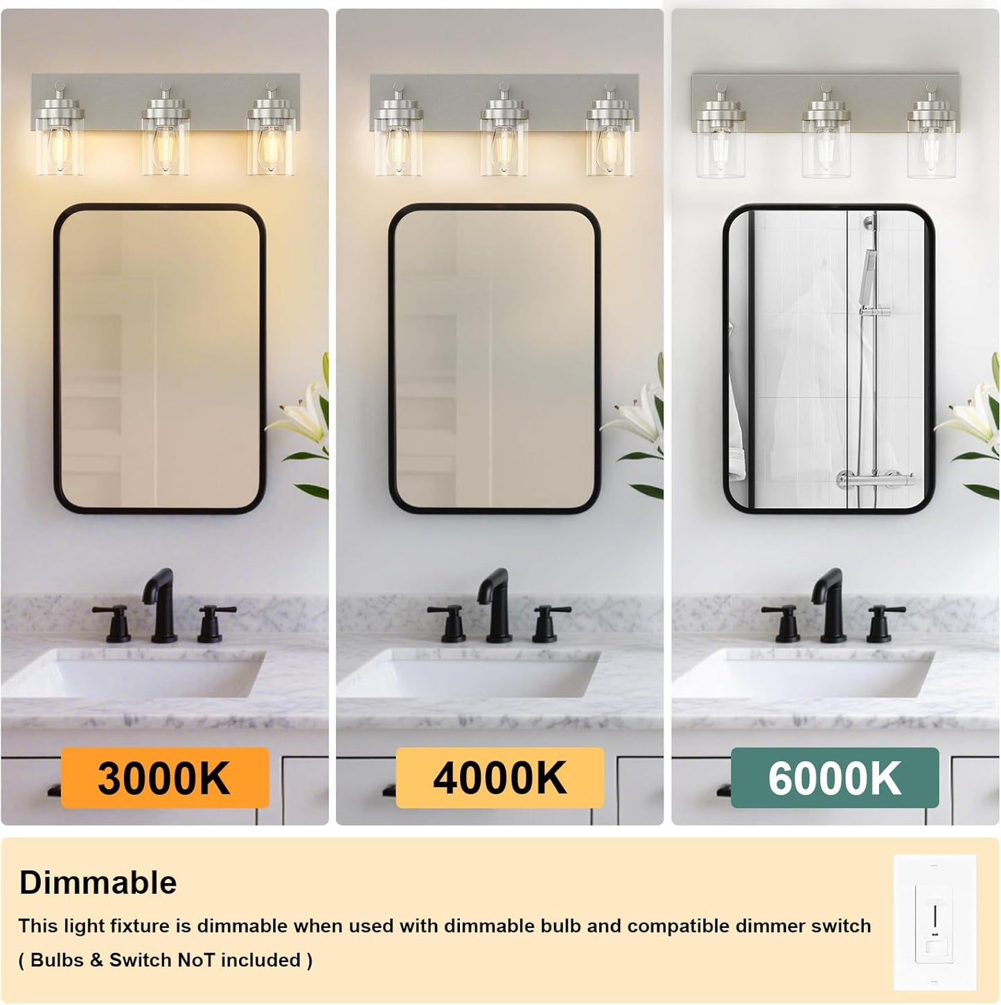 IZORRO Bathroom Vanity Light Fixture, 3-Light 22 Inch Brushed Nickel Bathroom Light Fixtures Over Mirror, with Clear Glass Shade, Modern Farmhouse Vanity Lights, Rustic Restroom Lighting Fixtures
