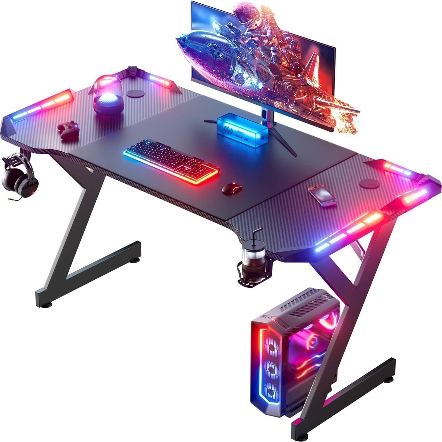 HLDIRECT 47 Inch Gaming Desk with LED Lights, Ergonomic Computer Gaming Table with Carbon Fibre Surface, Sturdy PC Workstation Desk for Home Office with Headphone Hook, Cup Holder, Black