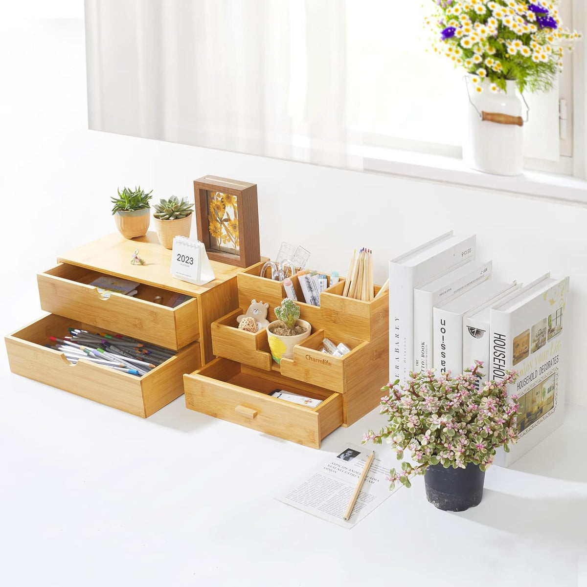 Charmewooden Bamboo Desk Organizer With Drawers Countertop Drawers Counter Storage Box Corner Desk Organizer for Home Office No Assembly Required