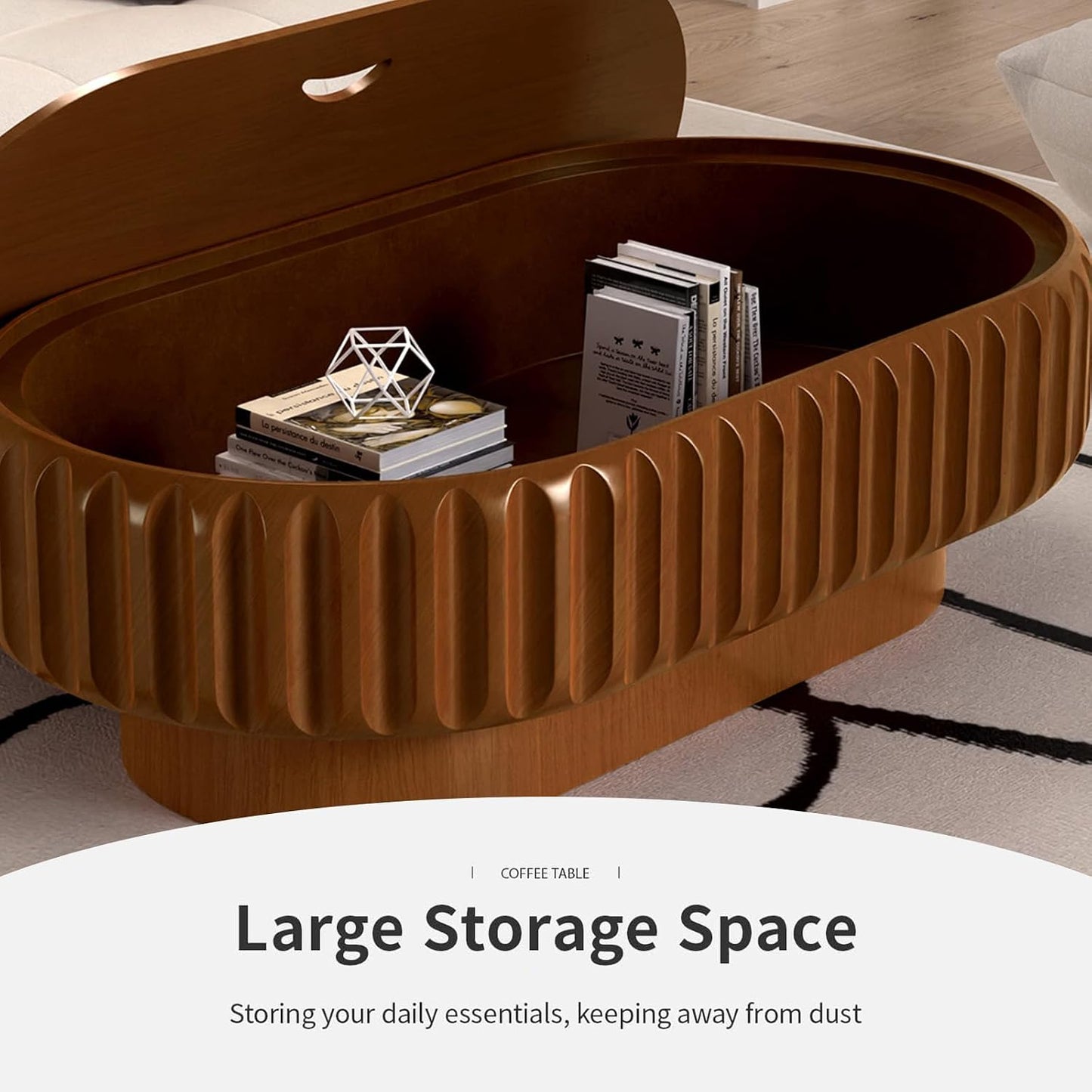 43.3 Inch Oval Drum Coffee Table with Storage (A Brown 43.3 in) | Handcraft Fluted Modern Wooden Cocktail Table, Sturdy Pedestal, Oval Center Table for Living Room, Apartment Organization