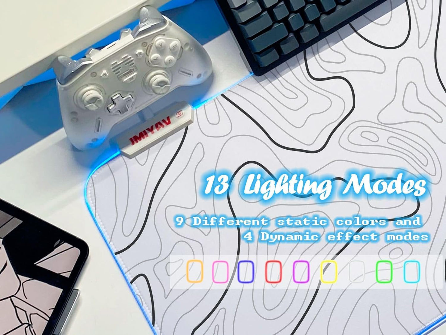 JMIYAV White Gaming Mouse Pad RGB Mousepad 31.5x12In Non-Slip Rubber Base Extra Large Cool XL XXL Computer Desk Pad Gaming Accessories Setup LED Light Up Big Mouse Pad for Gamer Topographic White