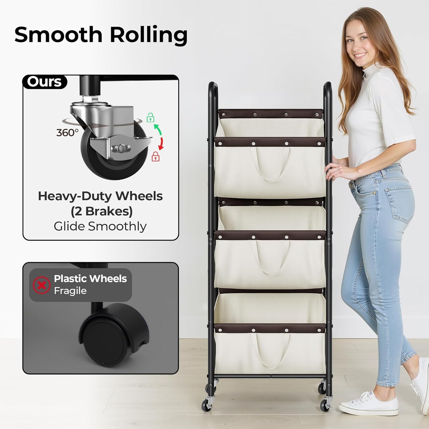 GRANNY SAYS 3 Section Tiered Laundry Sorter, Slim Vertical Laundry Hamper with Wheels, Narrow Rolling Laundry Cart with Removable Bags for Laundry Room, Bathroom, Closet, Dorm, Beige