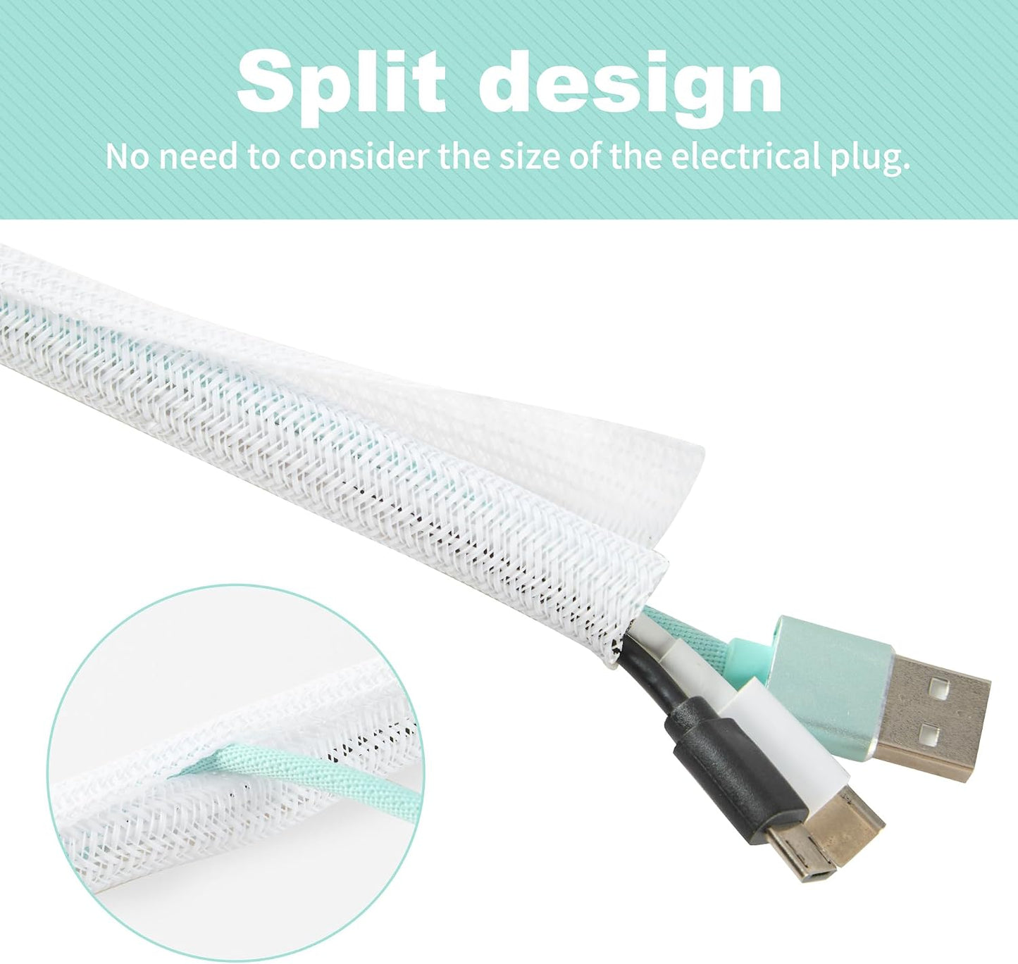 Split Wire Loom 1/4 Inch 50ft, Braided Cable Sleeve for Cable Management, Cord Protector for Pets, TV, Desk & Automotive, White