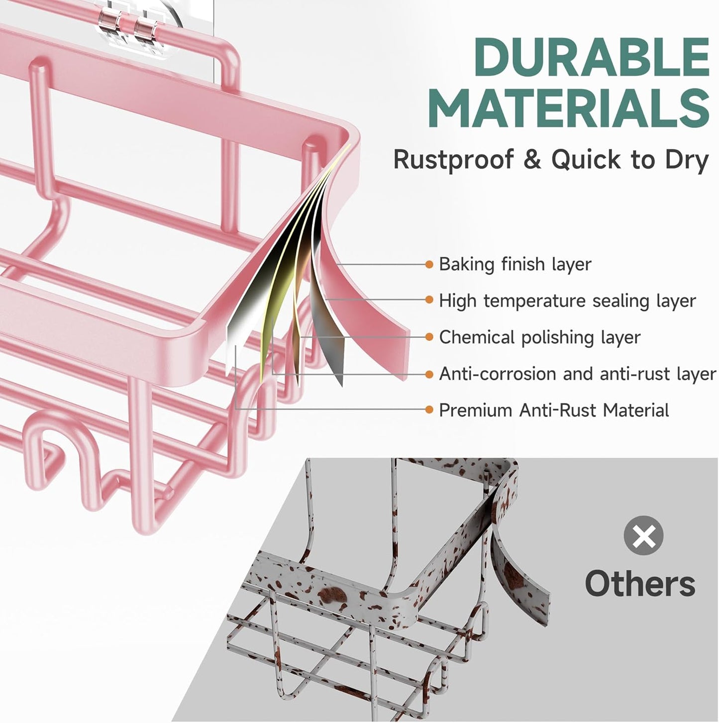 Veken Large Capacity Shower Caddy 6-Pack, No Drilling & Rustproof, Adhesive Shower Shelves with Soap Holder, Bathroom Organizers and Storage, Wall-Mounted Kitchen & Home Decor, Pink