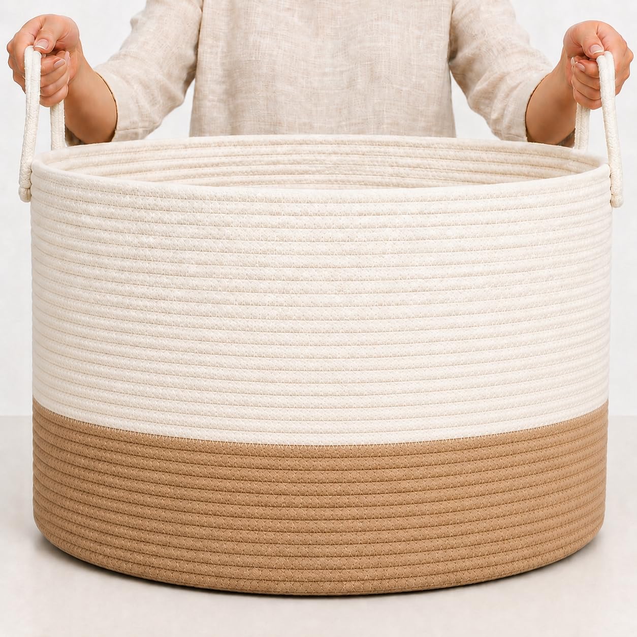 OrganiHaus Round Toy Basket & Blanket Basket, Cotton Rope 20x13" | Honey / Off-White - Round Cotton Rope Basket, 20x13"