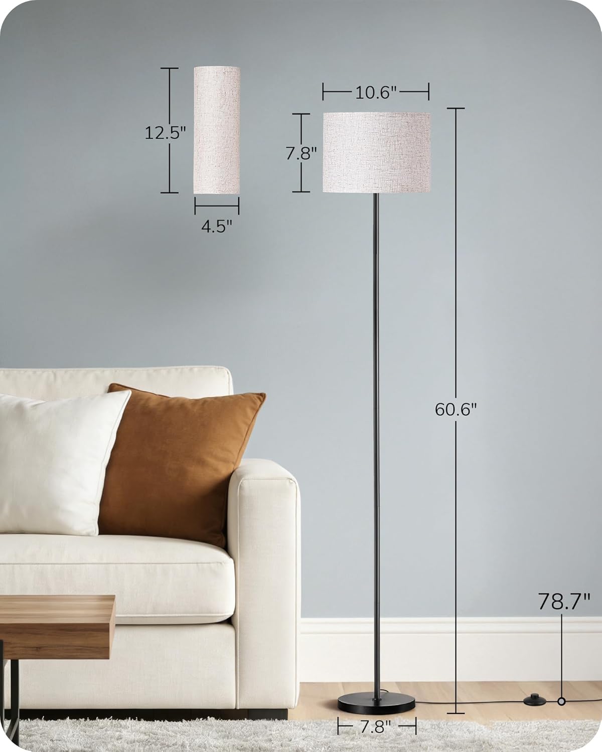 EDISHINE Upgraded Floor Lamps with 2 Lampshades, 63.7" Modern Standing Lamp with Foot Switch and Remote Control, Stepless Dimmable Minimalist Lamps for Bedroom, Office, (9W LED Bulb Included), Black